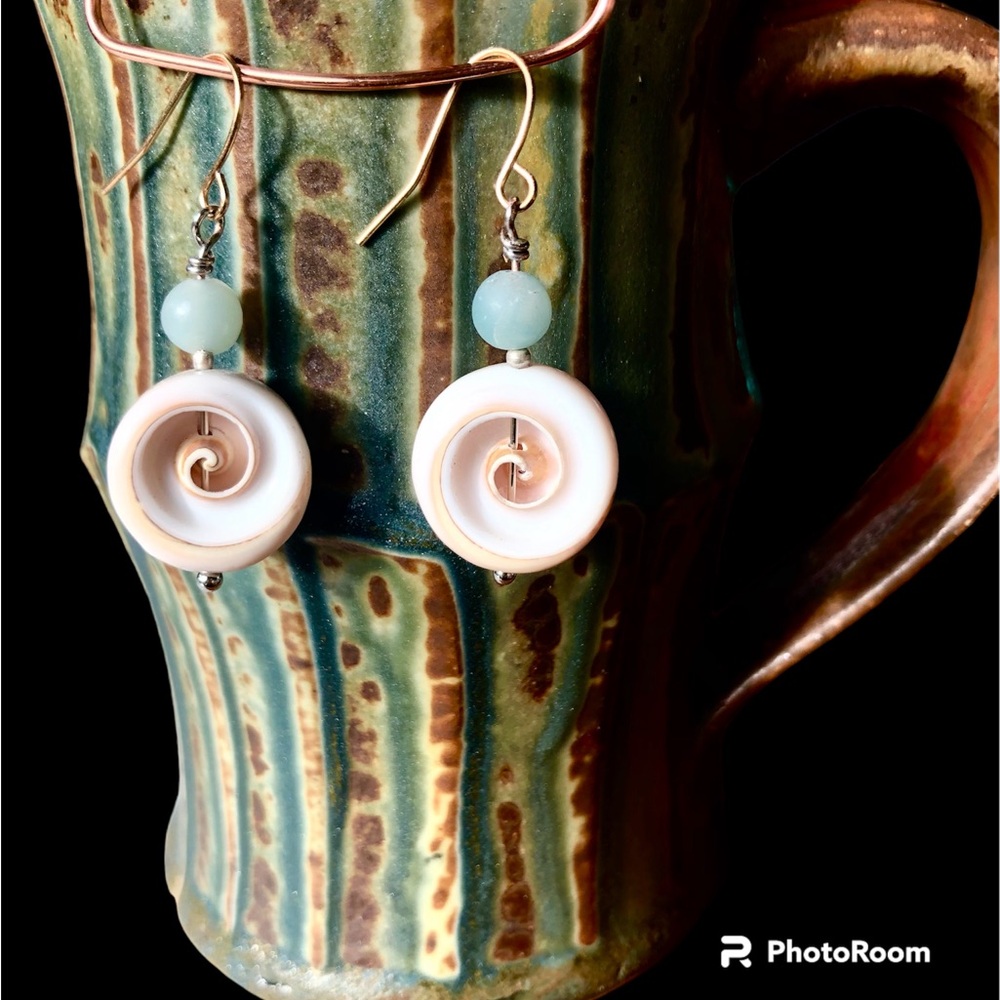 Genuine Sea Shell & Aquamarine Earrings